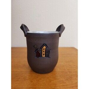 Art Studio Pottery Mug Engraved Love Birds Handles Brown Artist Signed Diana
